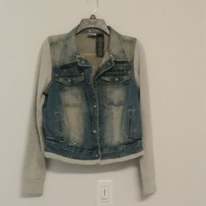 Harley-Davidson jean jacket with sweatshirt sleeves and detachable hoodie.